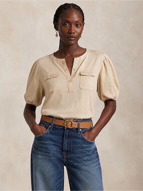Ralph Lauren Black Label Beige Puff-Sleeve Henley Blouse